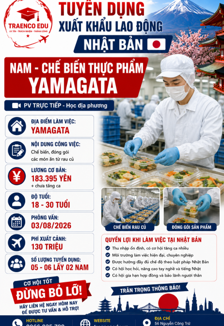 Tuyển gấp  02 nam chế biến thực phẩm Yamagata